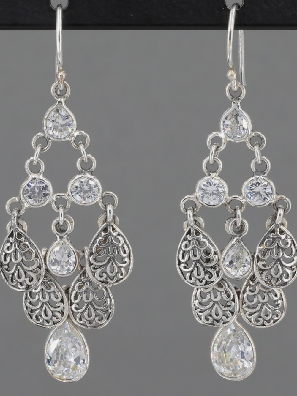 Silpada Silver Filigree Teardrop Chandelier Earrings with Clear Stones